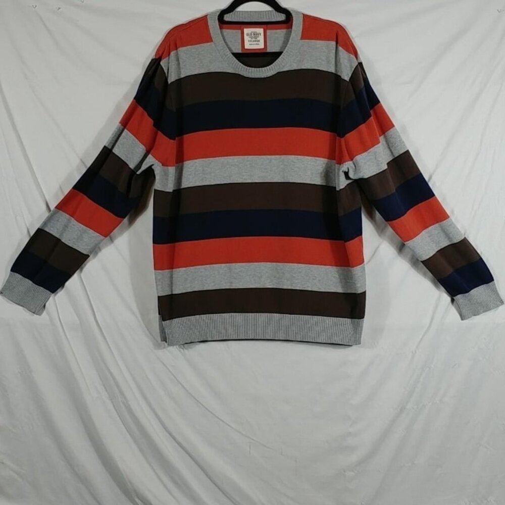Old Navy Men's Brown & Grey Striped Crewneck 100% COTTON Sweater Size XXL